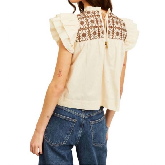 Anthropologie LOVE THE LABEL Sonora Flutter Sleeve Eyelet Top Cloud Cream Sz XS - Picture 2 of 10